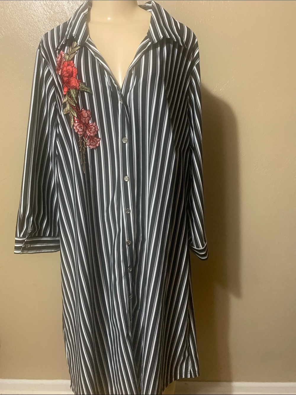 Mille Gabrielle 3X Black White Striped Button-Front Dress Red Floral NWT